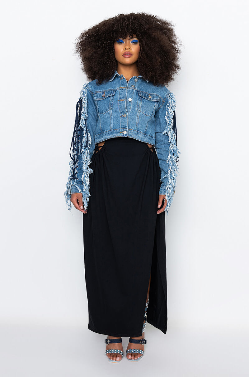 AZALEA WANG RINNA LACE UP FRINGE DENIM JACKET