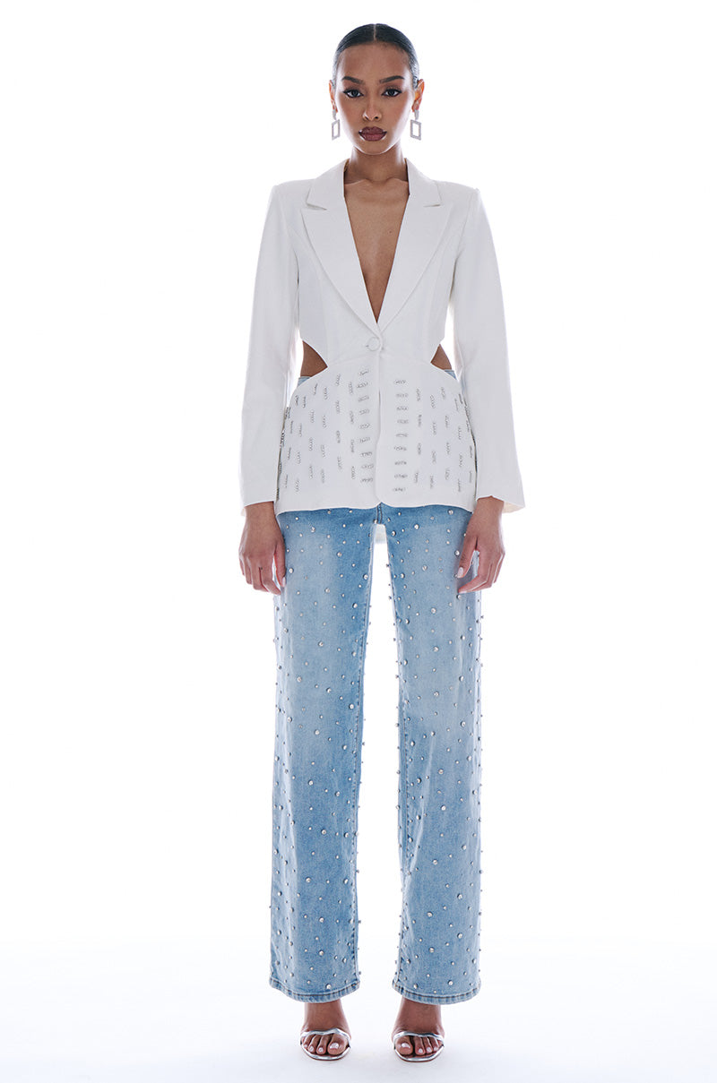 BACK CUT RHINESTONE BLAZER IN WHITE