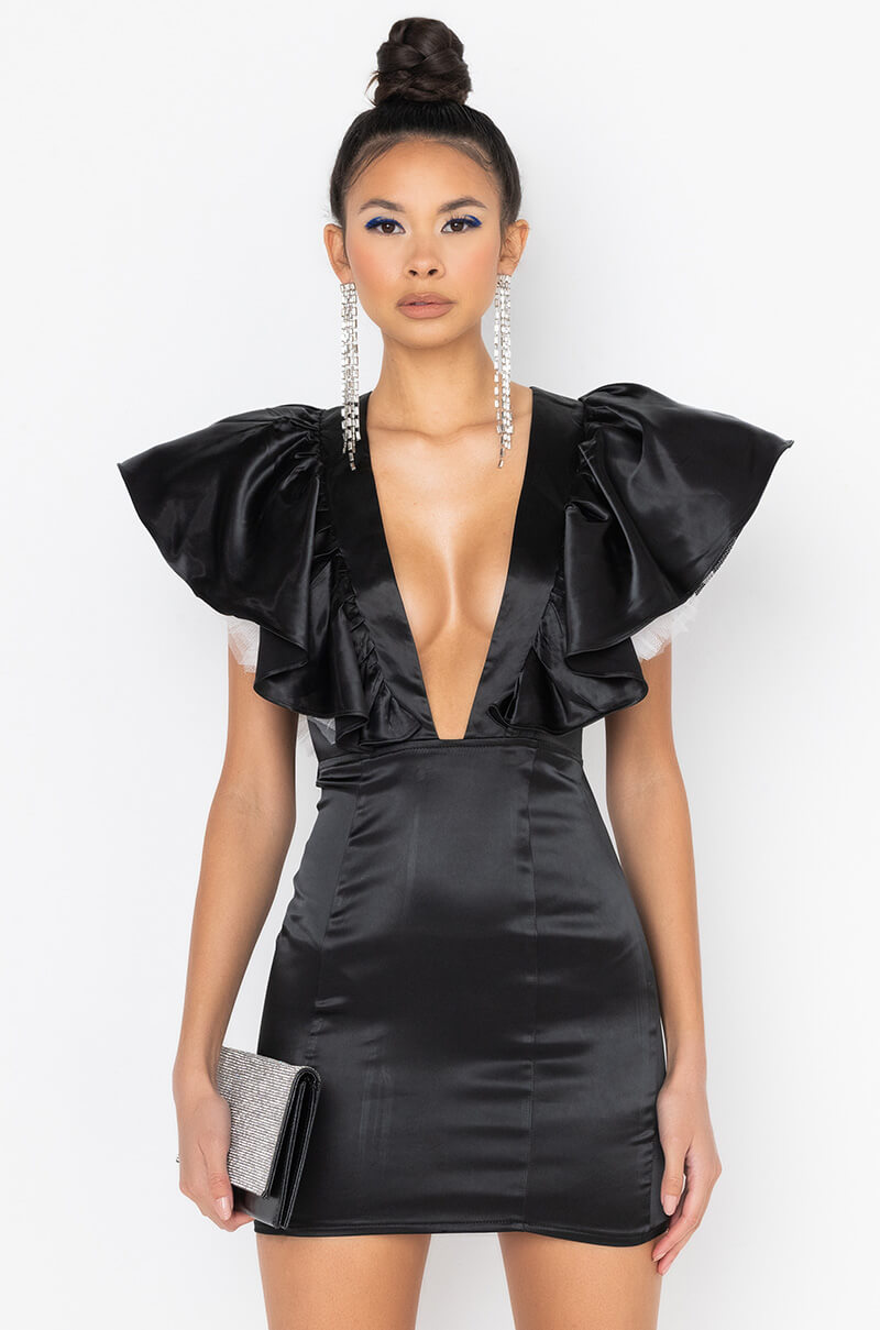 BACKOFF POWER SHOULDER SATIN MINI DRESS BLACK MULTI