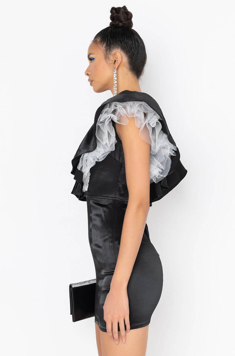 BACKOFF POWER SHOULDER SATIN MINI DRESS BLACK MULTI