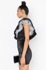 BACKOFF POWER SHOULDER SATIN MINI DRESS BLACK MULTI