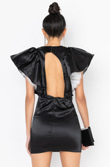 BACKOFF POWER SHOULDER SATIN MINI DRESS BLACK MULTI