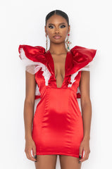 BACKOFF POWER SHOULDER SATIN MINI DRESS RED