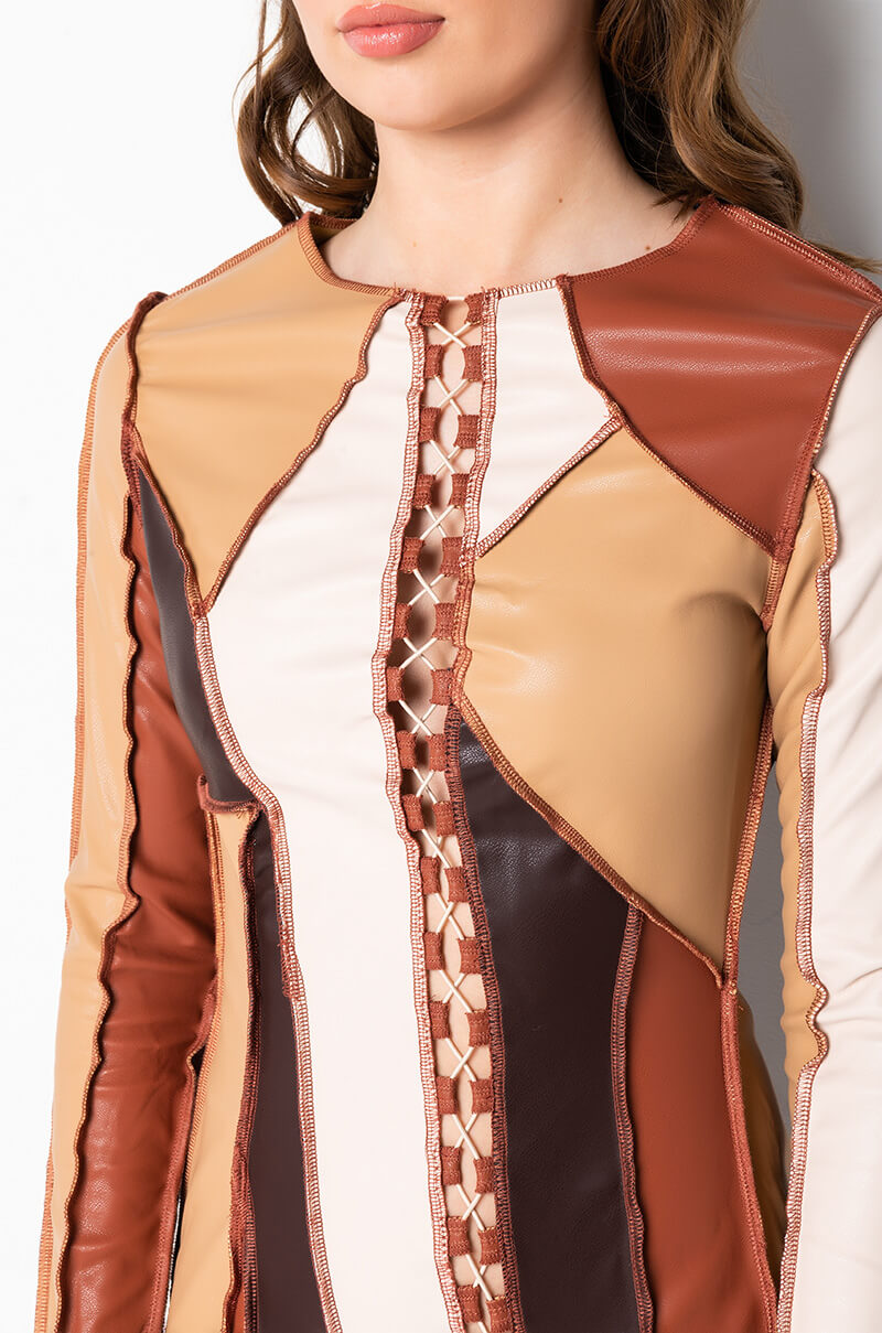 BETTER FOR IT FAUX LEATHER PATCHWORK MINI DRESS