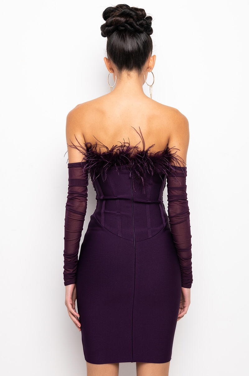 BLAIR OFF THE SHOULDER BANDAGE DRESS WITH FEATHERS