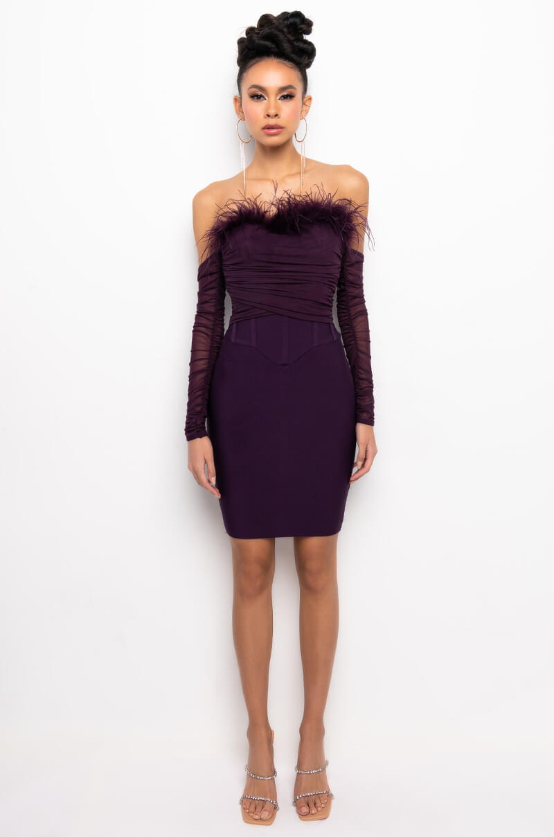 BLAIR OFF THE SHOULDER BANDAGE DRESS WITH FEATHERS