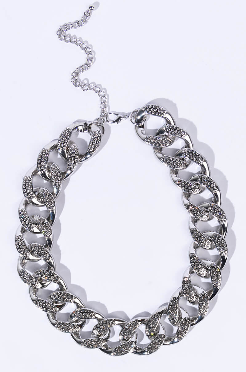 BLAME IT ON ME SILVER RHINESTONE CHAIN NECKLACE