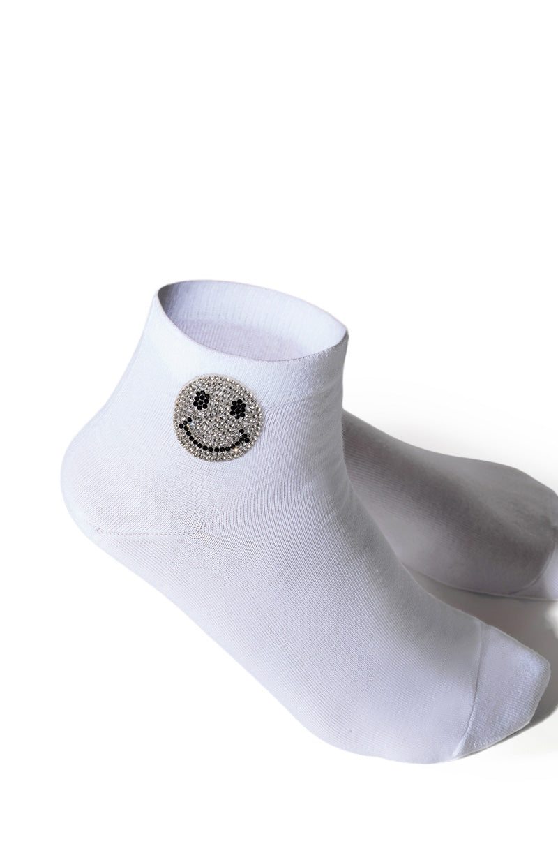 BLING SMILEY FACE SOCKS IN WHITE