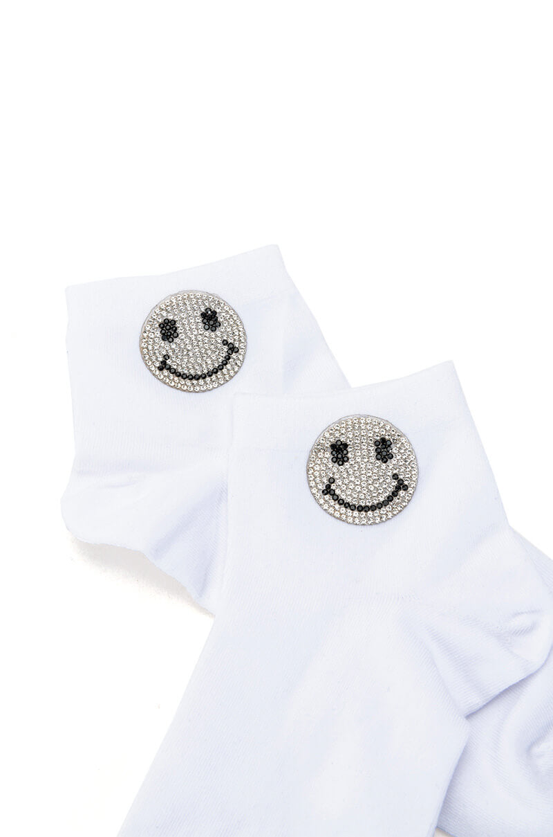 BLING SMILEY FACE SOCKS IN WHITE