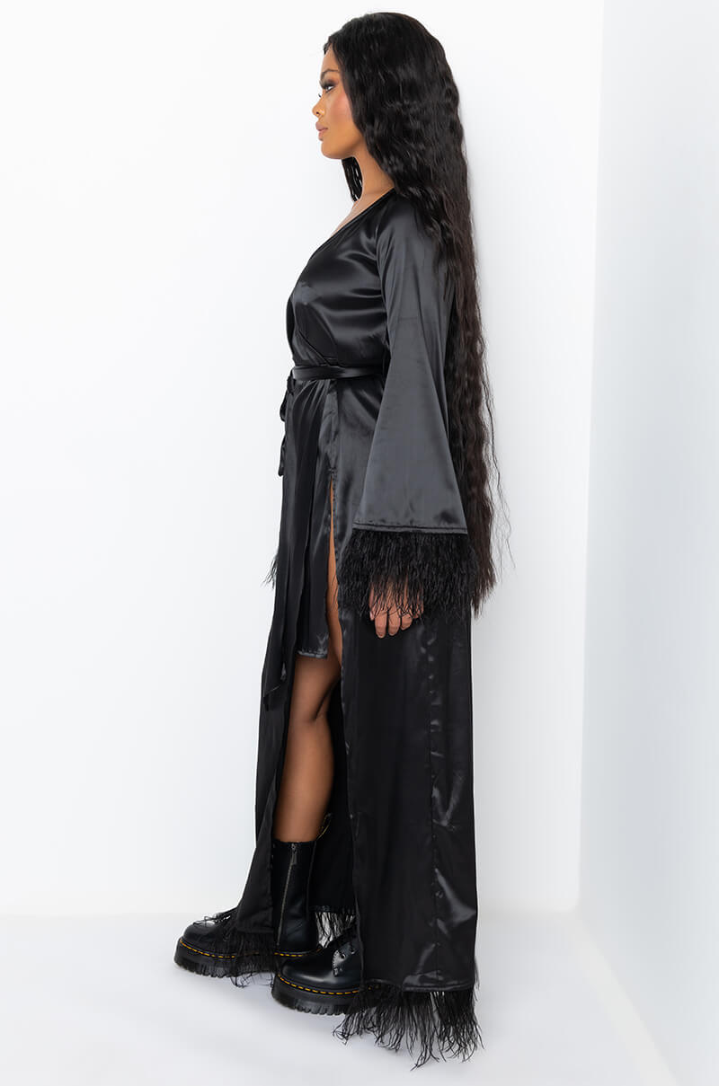 BOSS UP HONEY MAXI DRESS WITH FEATHER TRIM BLACK