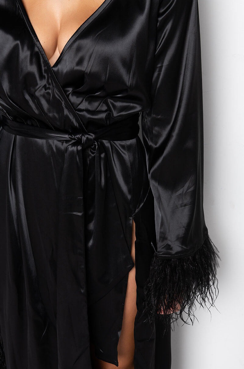 BOSS UP HONEY MAXI DRESS WITH FEATHER TRIM BLACK