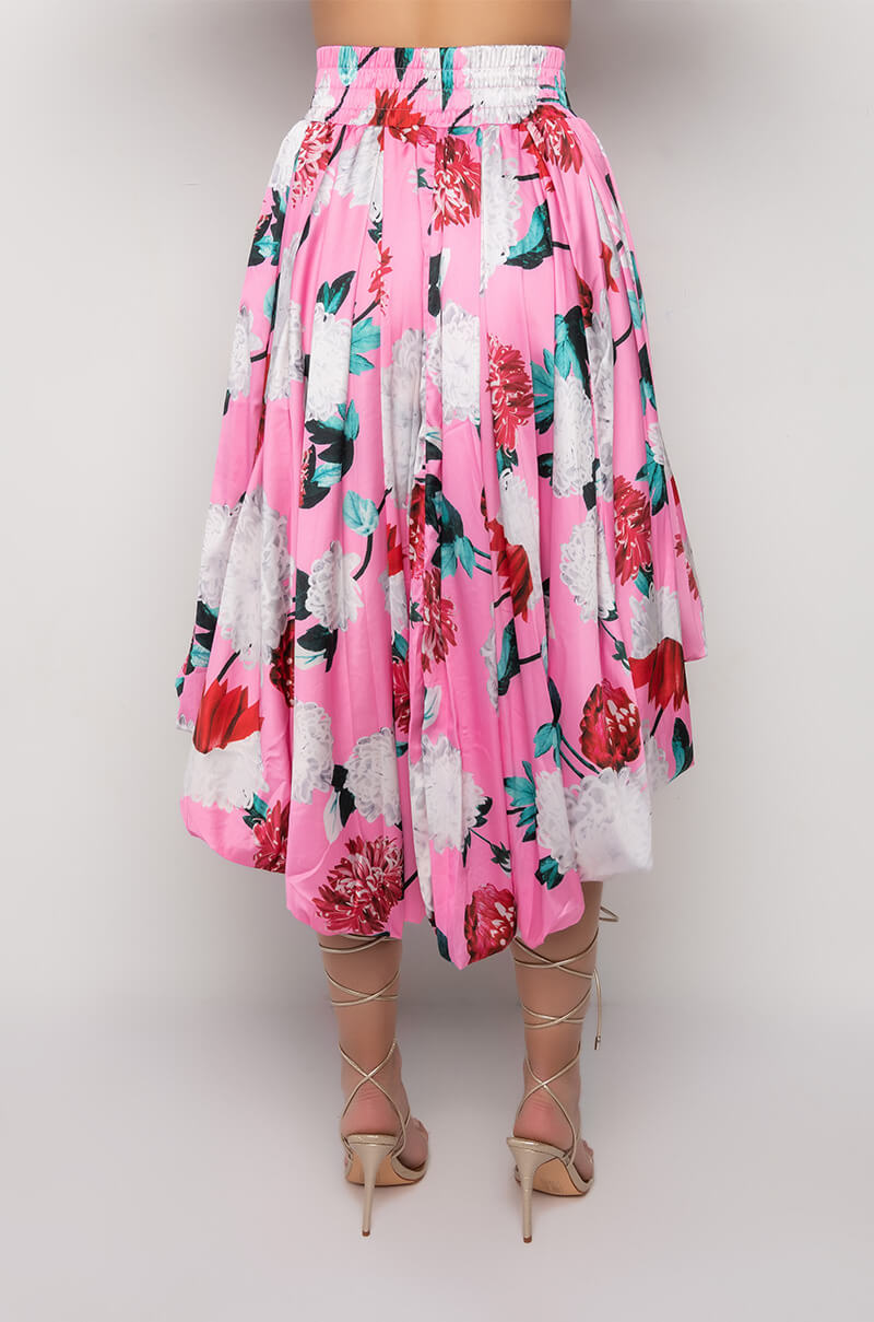 BOUQUET SATIN HIGH LOW MIDI SKIRT