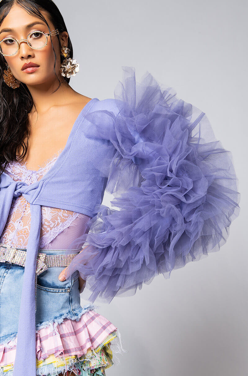 BRING IT OUT PUFF SLEEVE TIE FRONT TOP LIGHT PURPLE