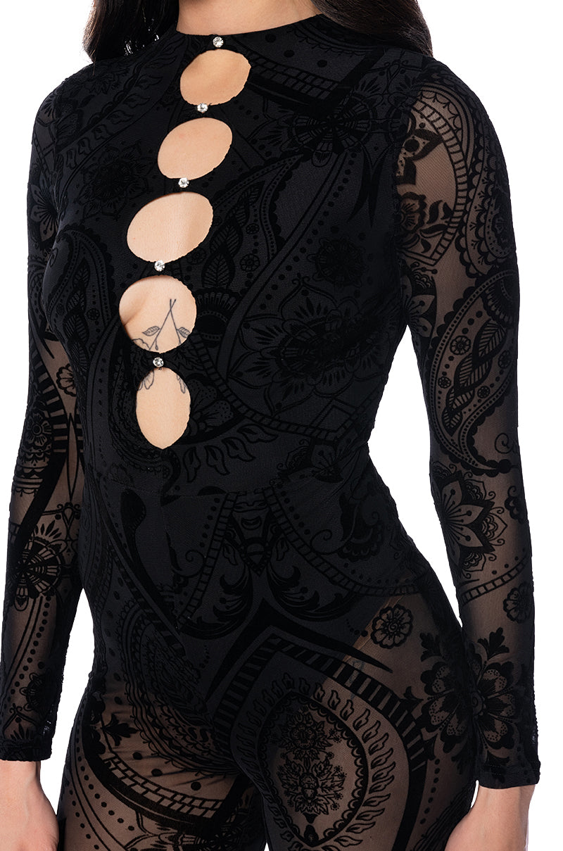 CALL ME SHEER PAISLEY CUTOUT JUMPSUIT