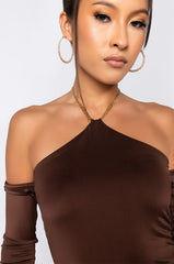 CHOCOLATE HALTER NECK CHAIN DETAIL LONG SLEEVE BODYSUIT