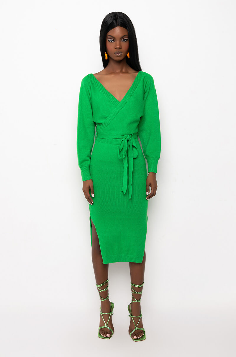 CLASSY WRAP TOP SWEATER MIDI DRESS GREEN