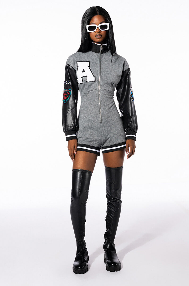 COLLEGIATE TEAM CAPTAIN LONG SLEEVE ZIPPERED MOCK NECK ROMPER