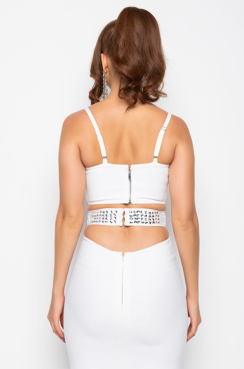 COME GET IT RHINESTONE BANDAGE CROP TOP WHITE
