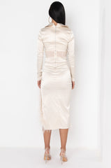 CORSET DETAIL SATIN REAL FEATHER MIDI DRESS IVORY