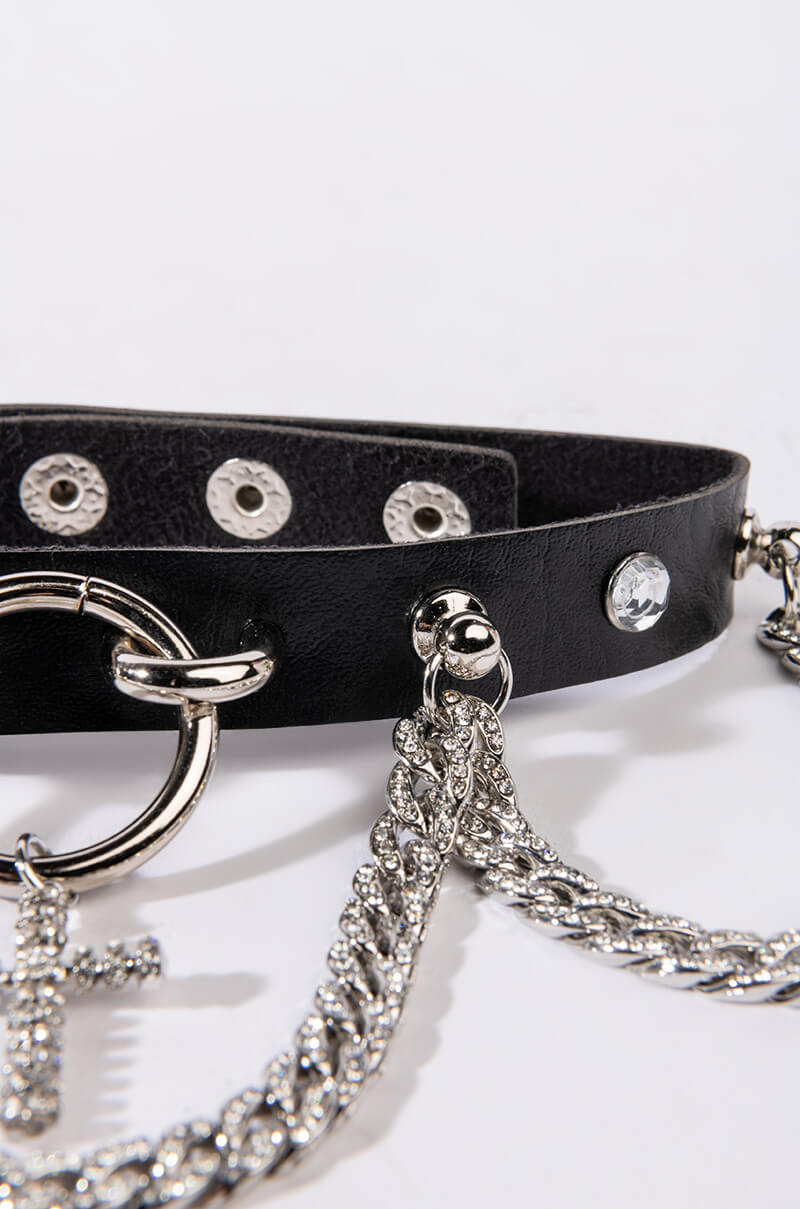 CROSS ME PU CHOKER WITH RHINESTONE CHAIN