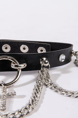 CROSS ME PU CHOKER WITH RHINESTONE CHAIN