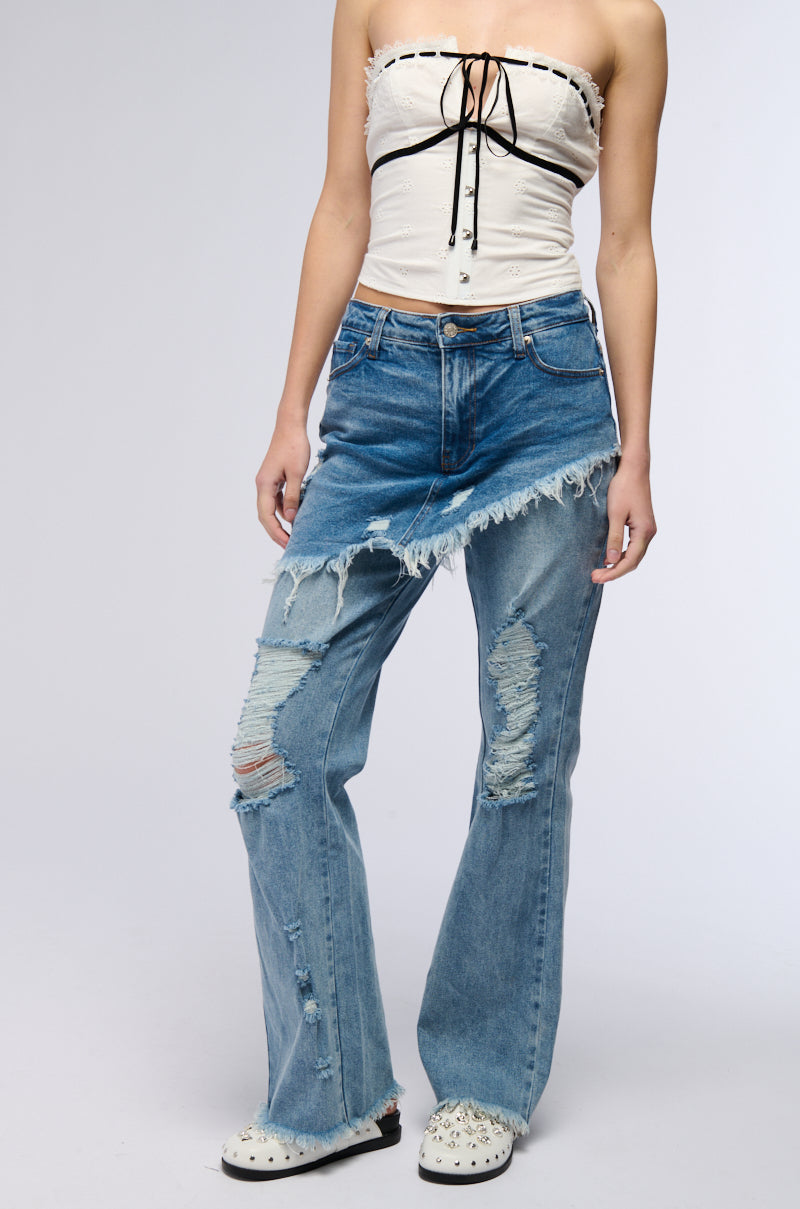 DISTRESSED SKIRT STRAIGHT LEG DENIM JEANS