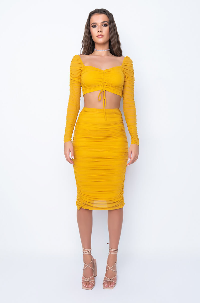 DRAMA FREE CINCHED MESH BLOUSE MUSTARD