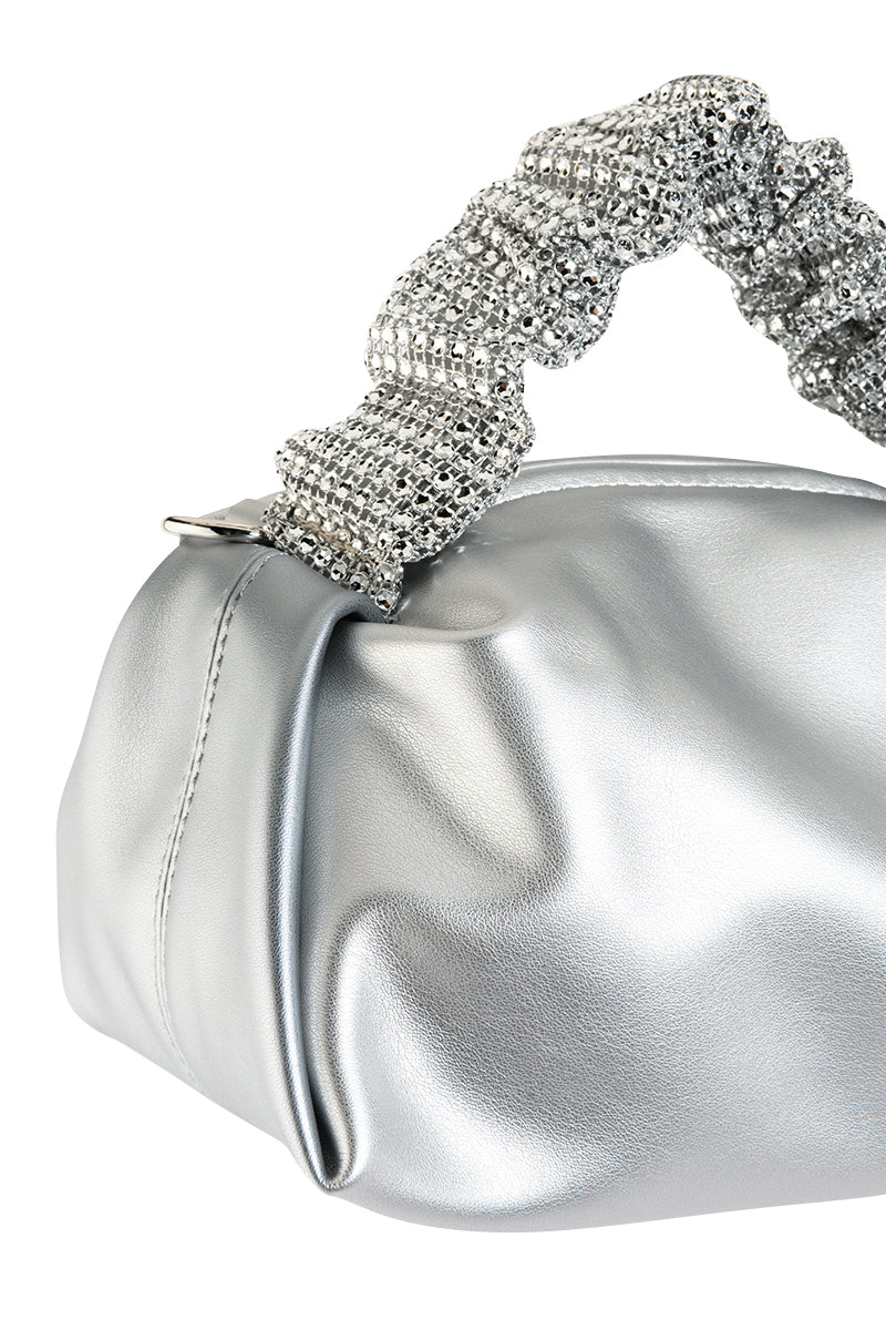 ELANA EMBELLISHED SATIN BAG IN SILVER