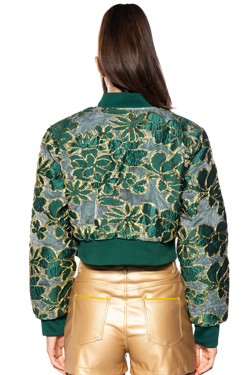 HOLIDAY TAPESTRY\ BOMBER WITH SHEER BROCADE