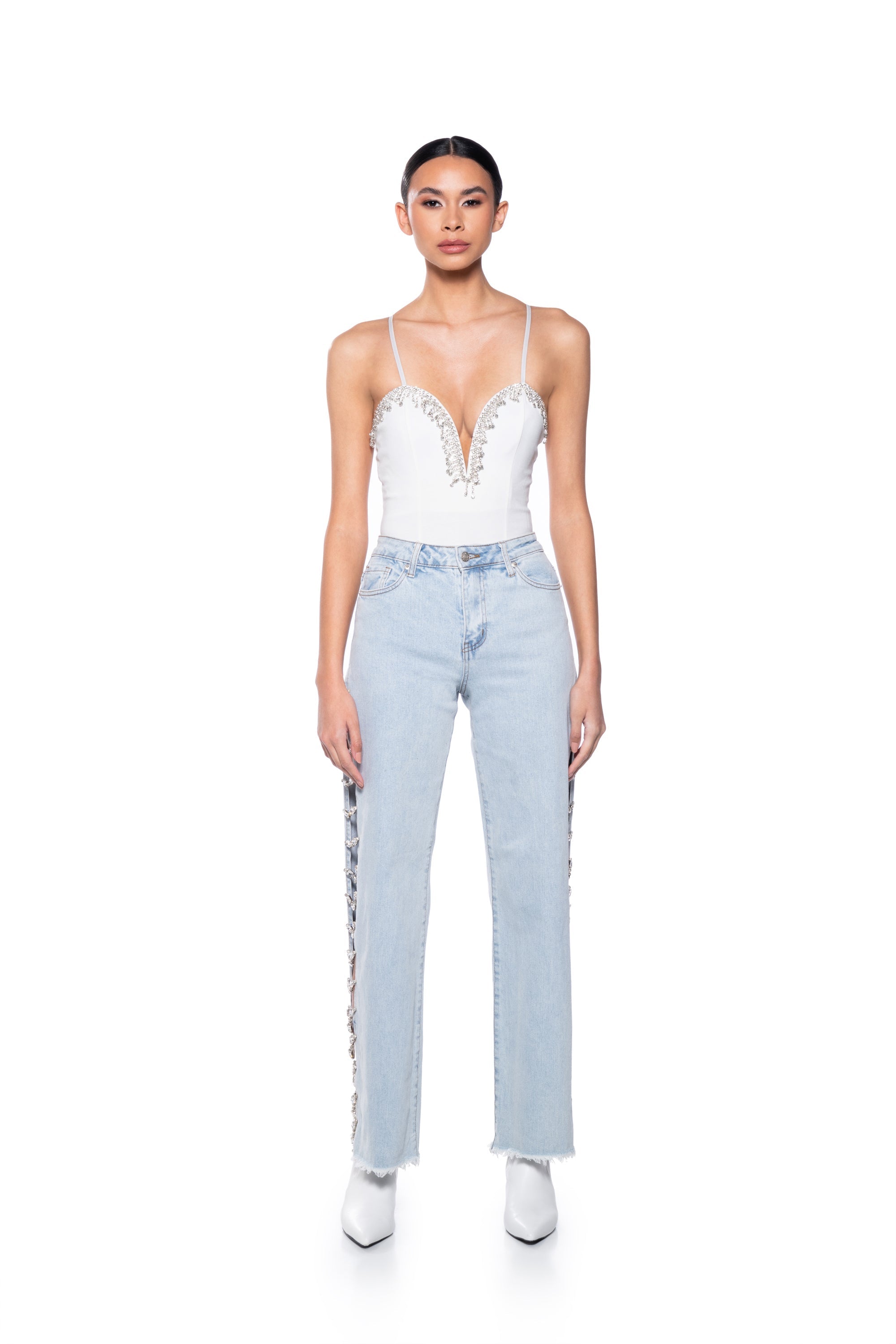 NUMBER ONE EMBELLISHED DEEP V BODYSUIT