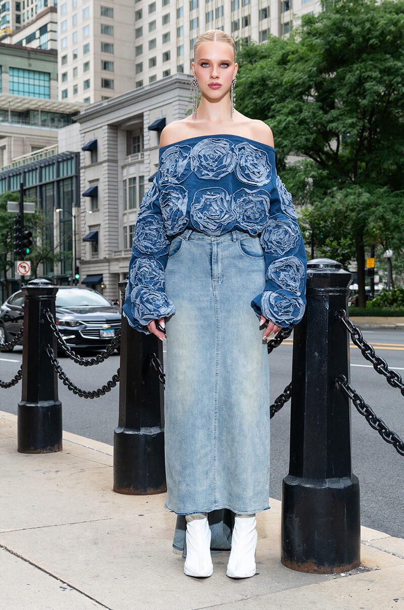 OH THE DRAMA DENIM MAXI SKIRT WITH TRAIN