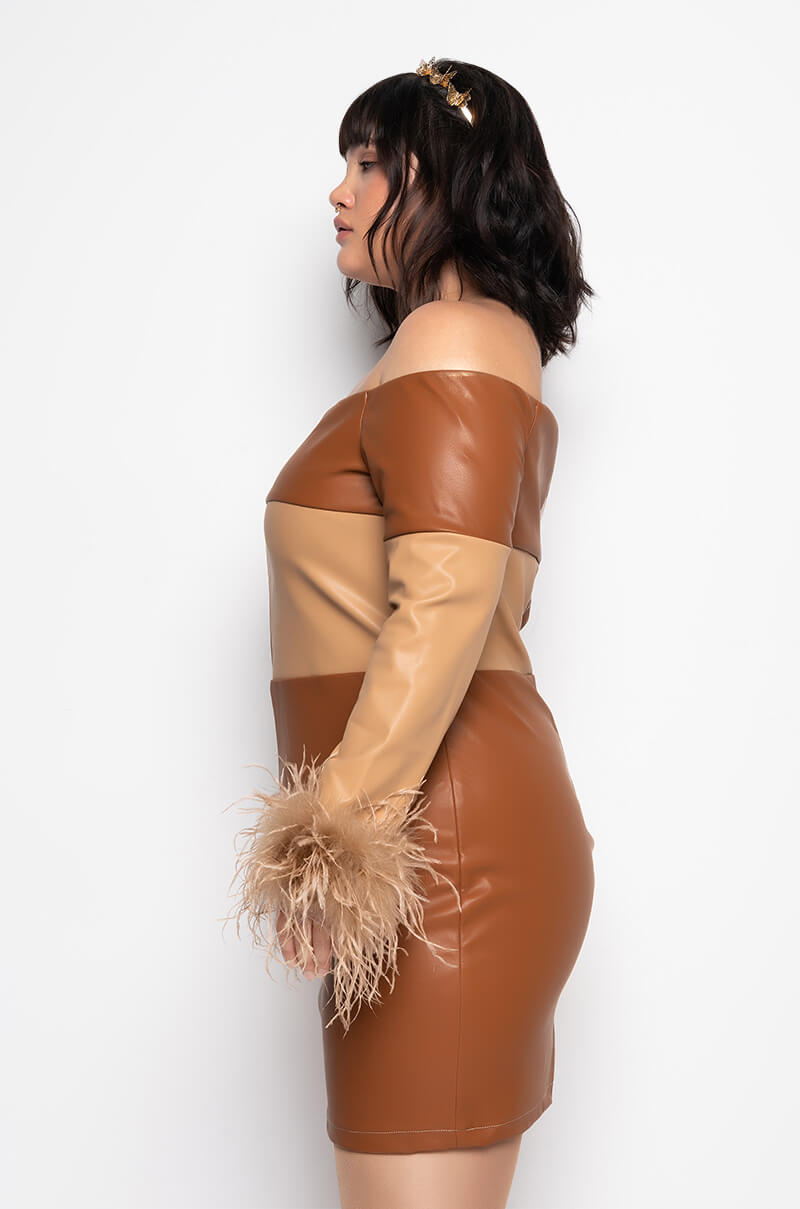 CHECK HER OUT REAL FEATHER PU MINI DRESS
